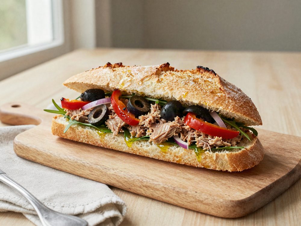 Presset sandwich med tun og oliven