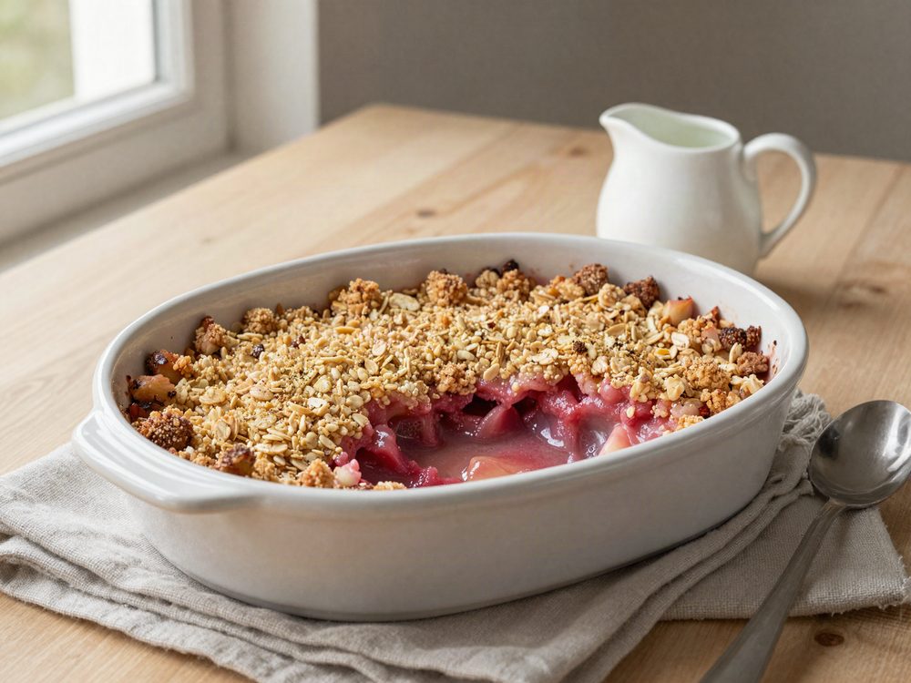 Rabarbercrumble med kardemomme og havregryn