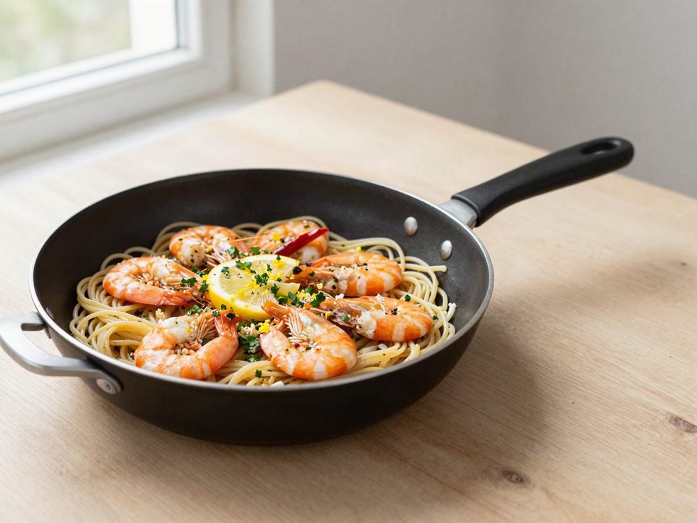 Pasta med rejer, hvidløg og chili