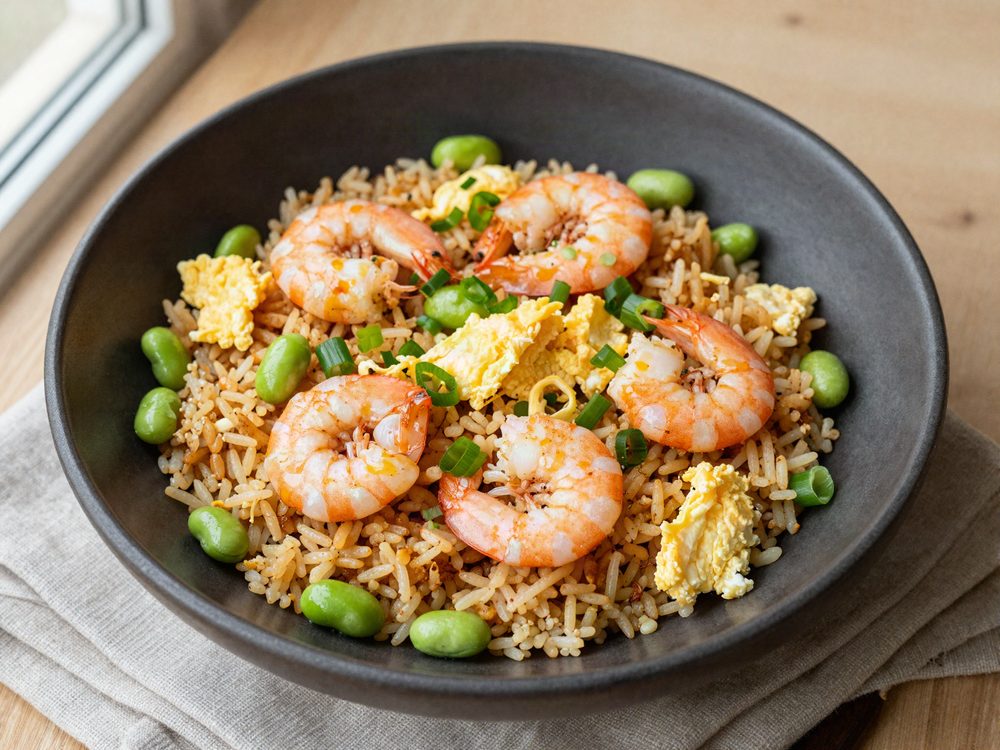 Rejer og æg fried rice med edamame