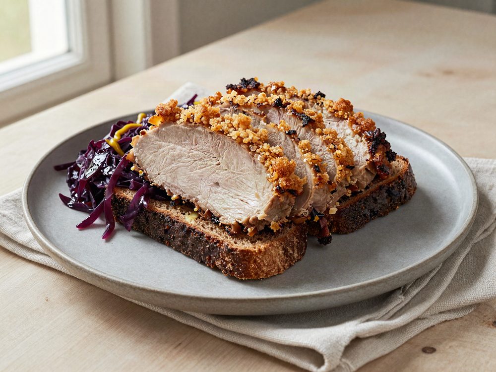 Ribbensteg på rugbrød med rødkål