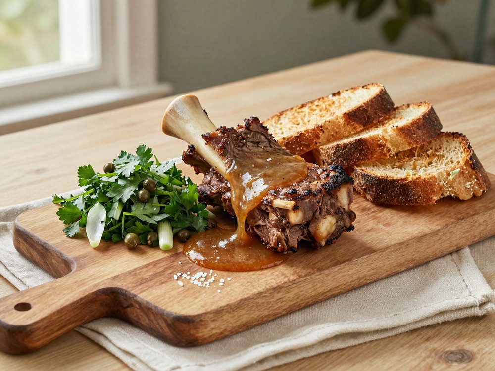 Ristede marvben med persillesalat og ristet brød