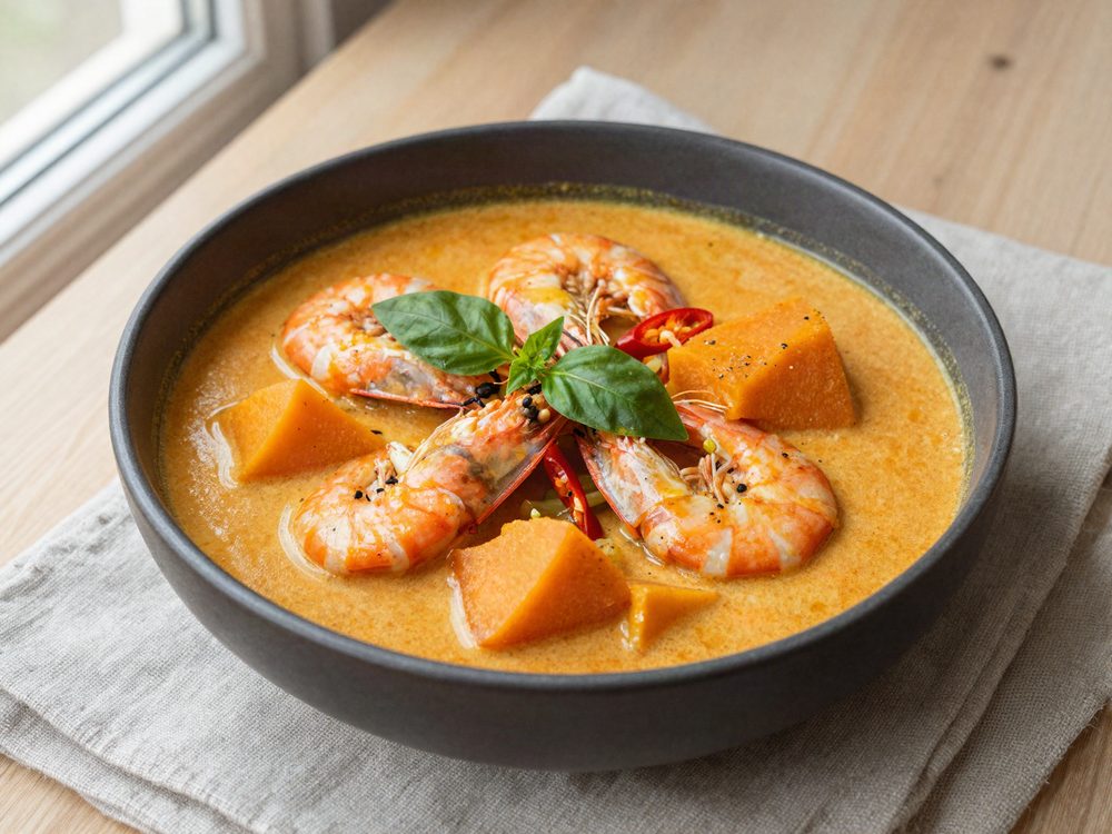 Rød thaikarry med tigerrejer og hokkaido