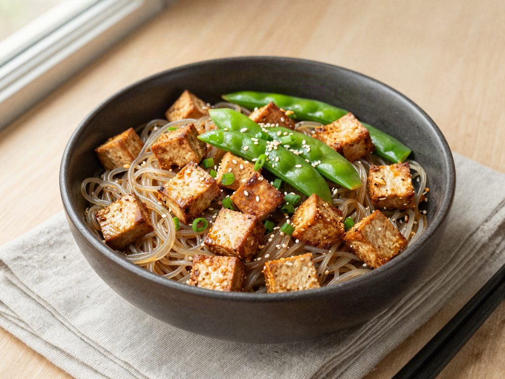 Røget tofu med glasnudler og sukkerærter