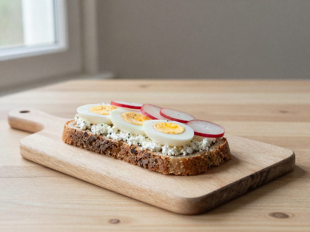 Rugbrød med hytteost, æg og radiser