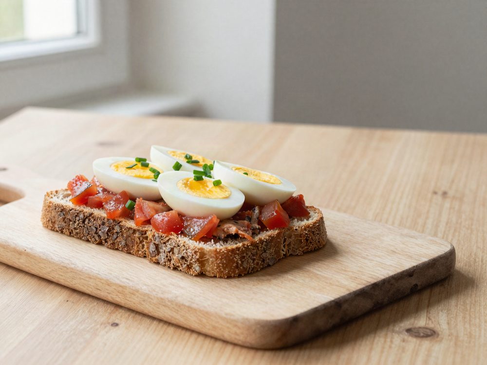 Rugbrød med makrel i tomat og æg