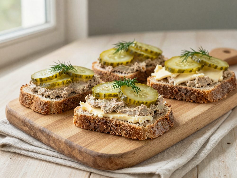 Rugbrødsmadder med leverpostej og agurkesalat