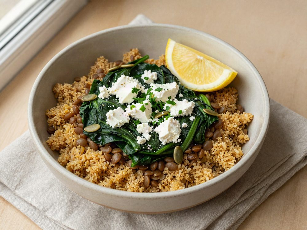Bulgurskål i mikroovn med linser og feta