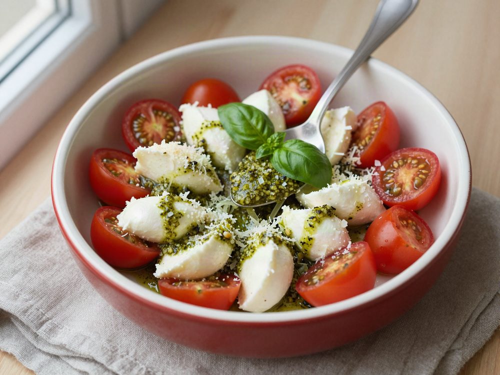 Caprese-skål med mozzarella og pesto