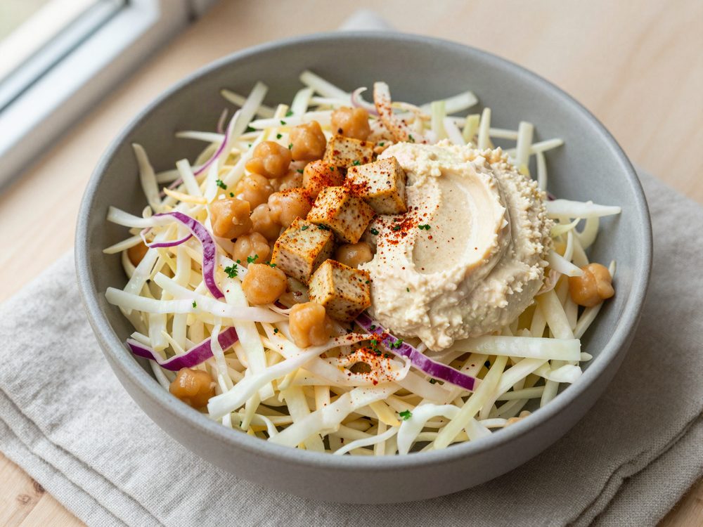 Coleslaw med kikærter, hummus og røget tofu