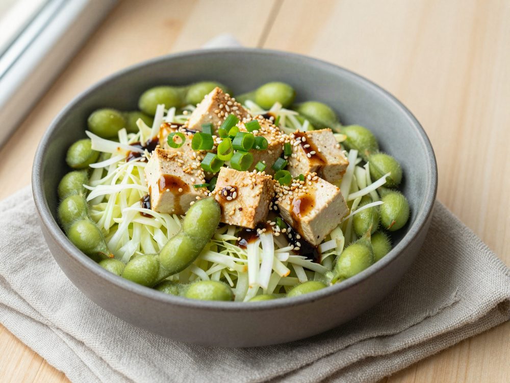 Edamame og spidskål med sesam og røget tofu