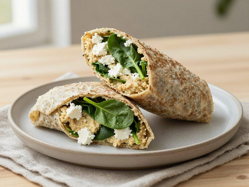 Fuldkornswrap med hummus, feta og spinat