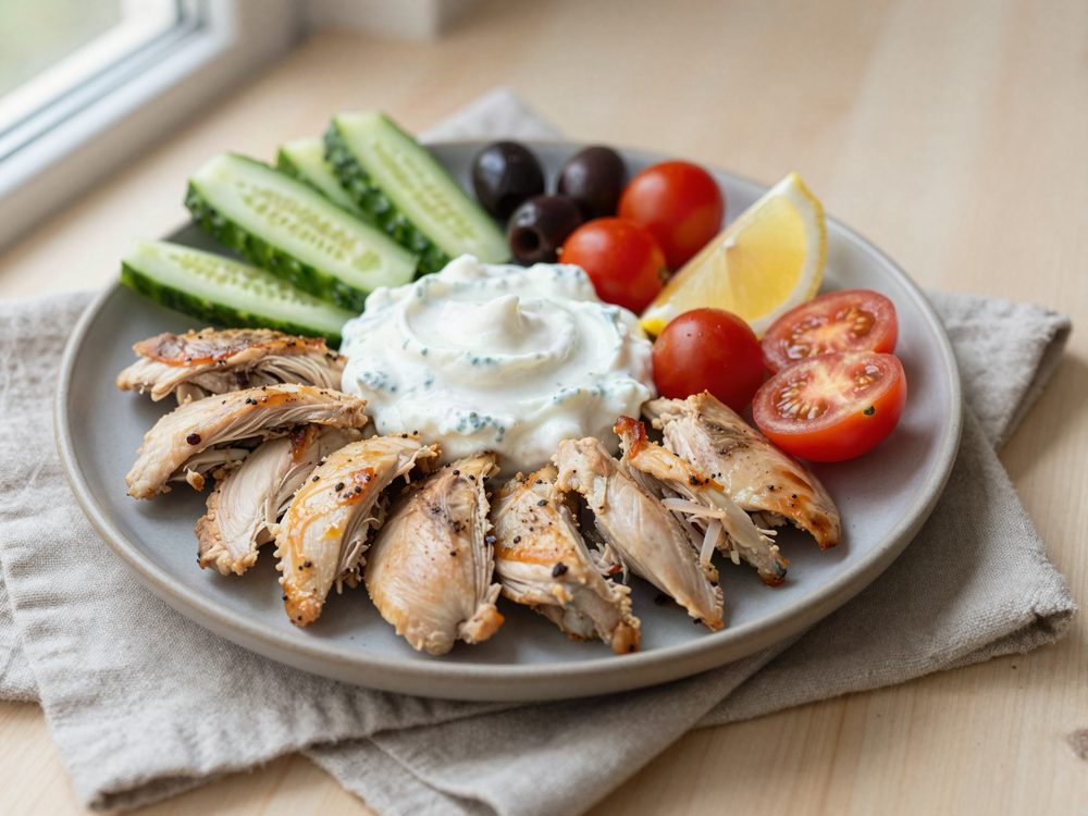 Græsk tallerken med tzatziki og kyllingestrimler