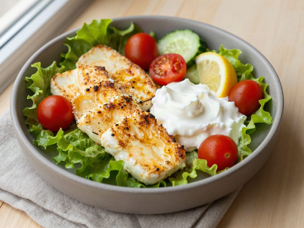 Hjertesalat med lun halloumi og yoghurt