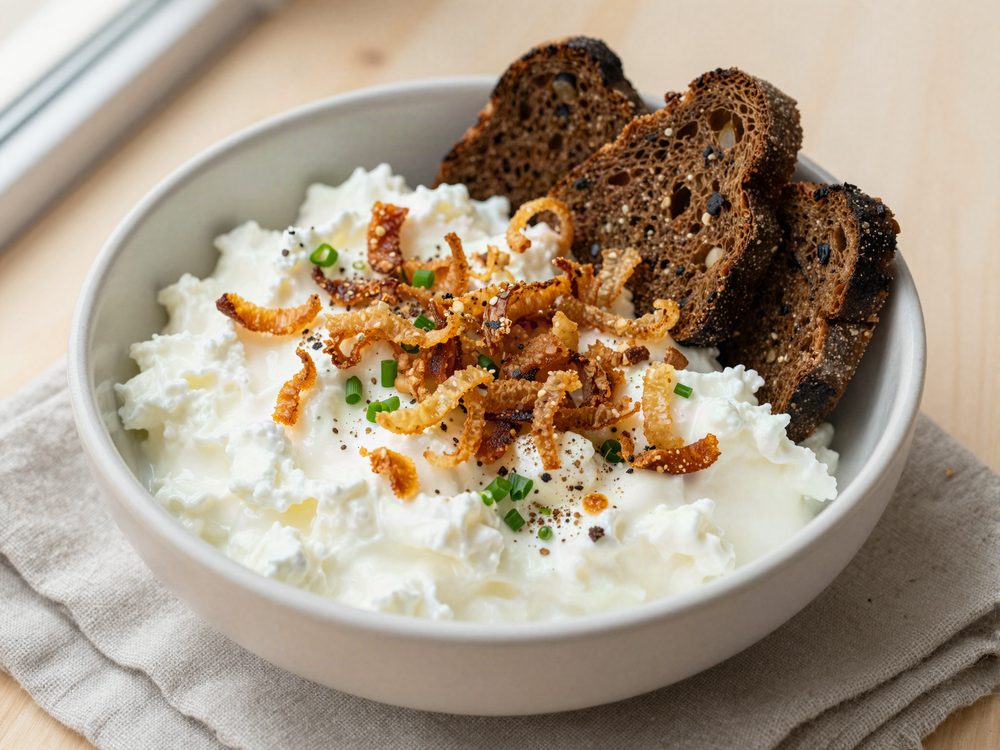 Hytteostskål med rugbrødschips og sprøde løg