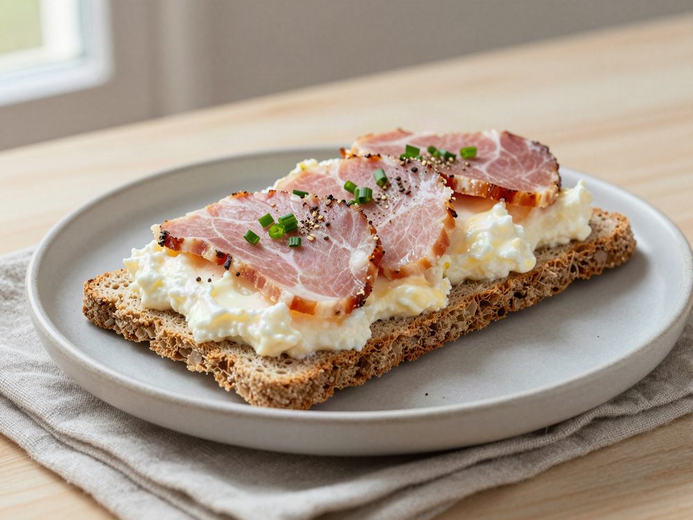 Rugknækbrød med æggesalat og kogt skinke