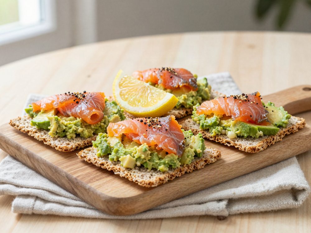 Knækbrød med varmrøget laks og avocado