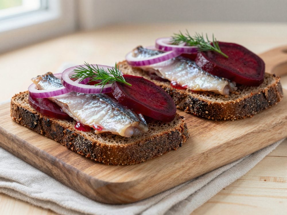 Marineret sild på rugbrød med rødbeder
