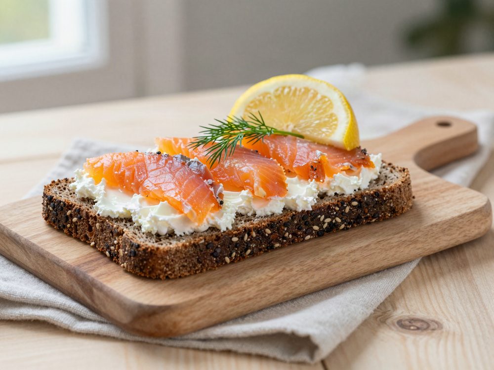 Rugbrød med koldrøget laks og hytteost