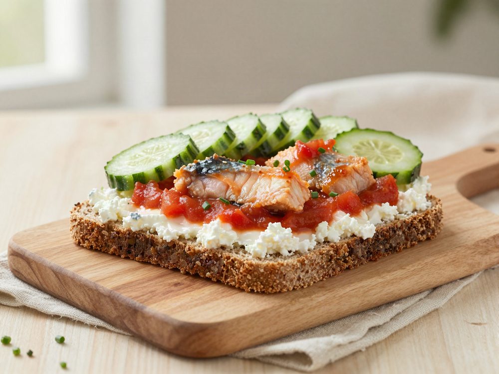 Rugbrød med makrel i tomat og hytteost