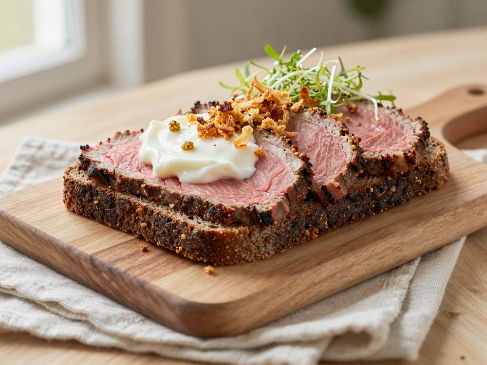 Rugbrød med roastbeef og sprøde løg