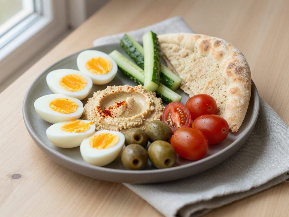 Tapastallerken med æg og hummus