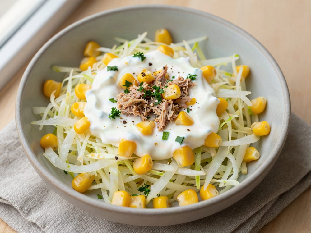 Spidskål med tun, majs og yoghurtdressing