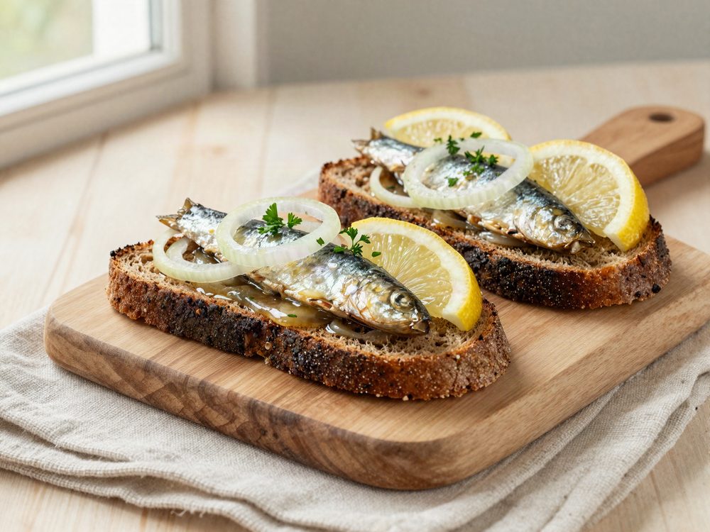 Sardiner på ristet rugbrød med løg og citron