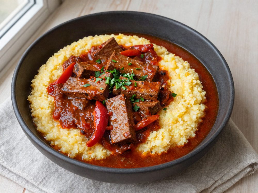 Seitangryde med paprika og polenta
