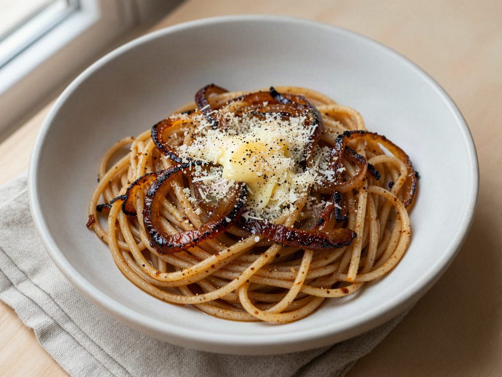 Spaghetti med karamelliserede løg og parmesan