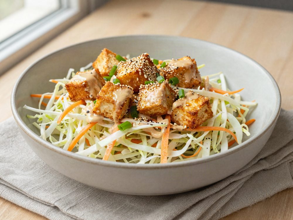 Spidskålssalat med sprød tofu og sesamdressing