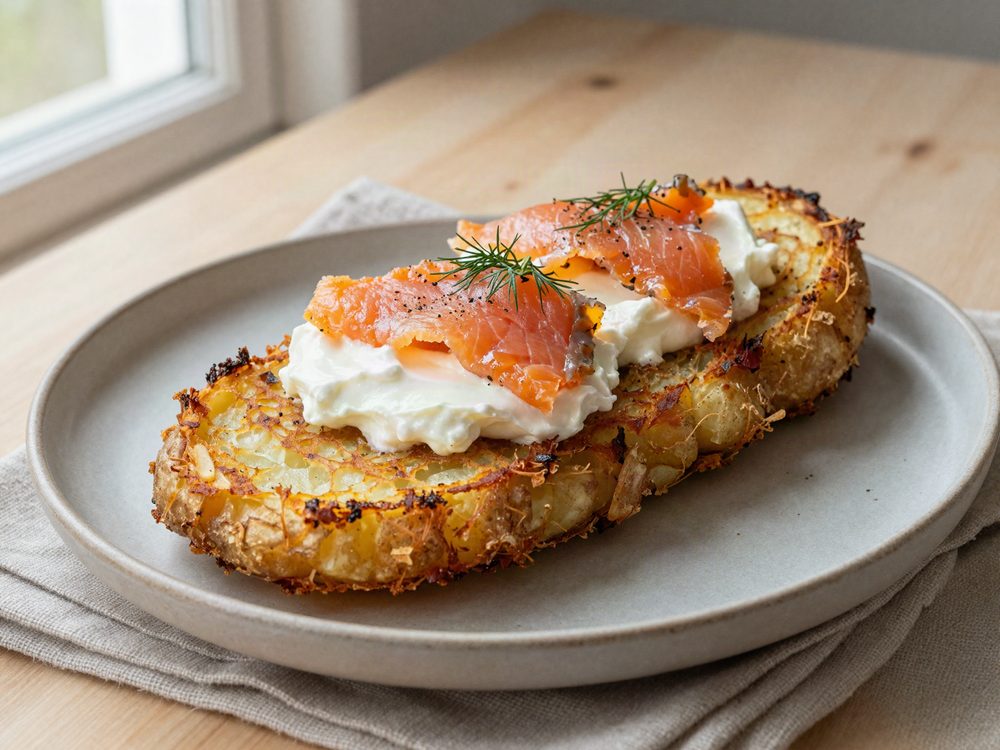 Sprød røsti med creme fraiche og koldrøget laks