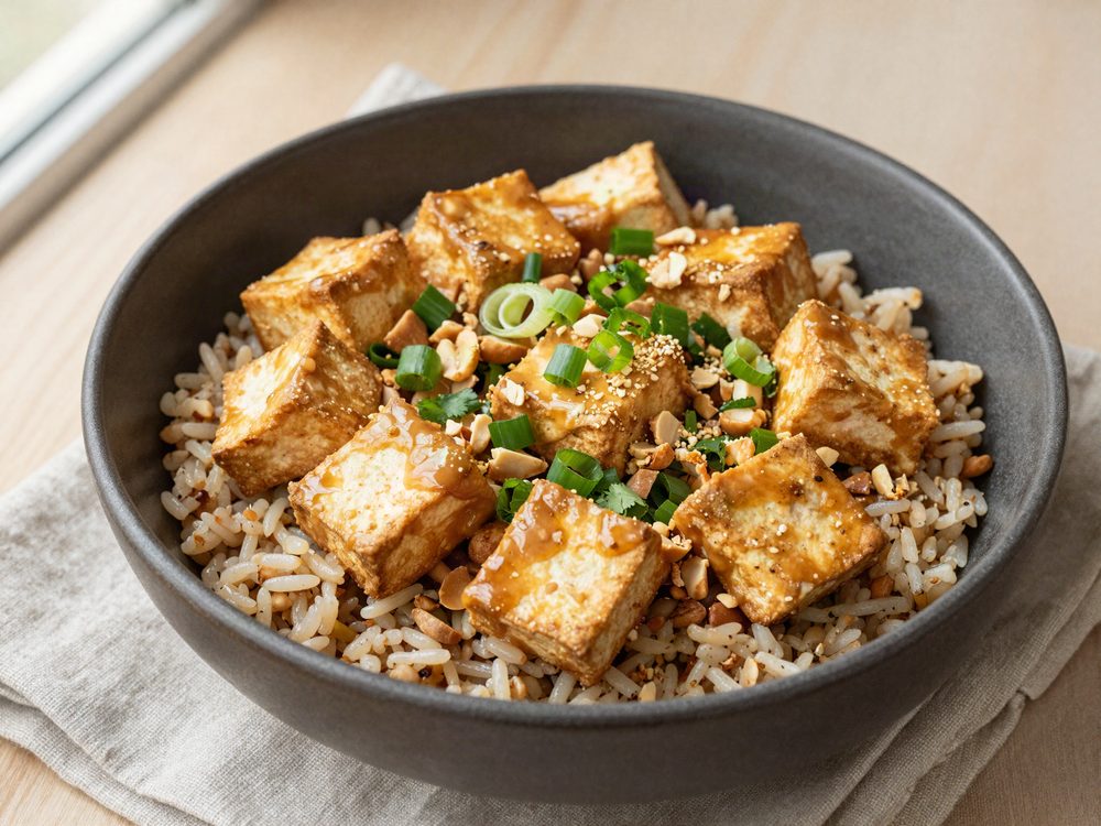 Sprød tofu med peanutsauce og fuldkornsris