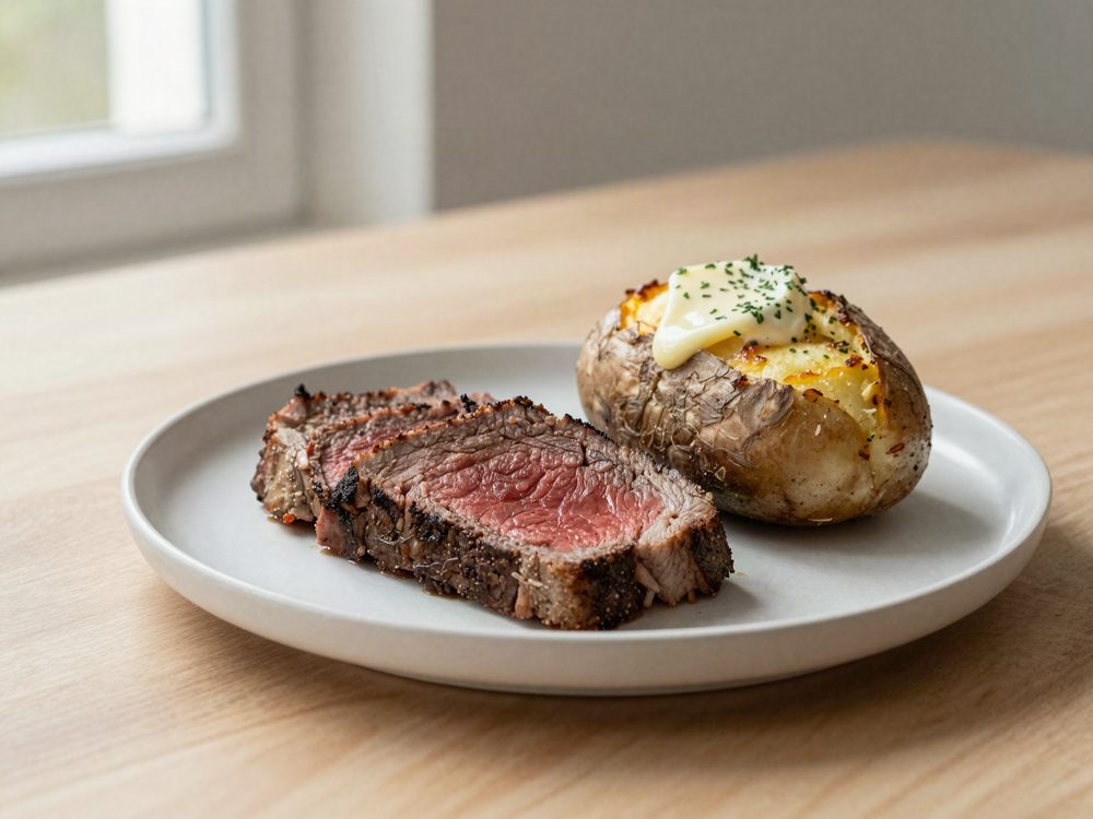Steak med bagt kartoffel og urtesmør