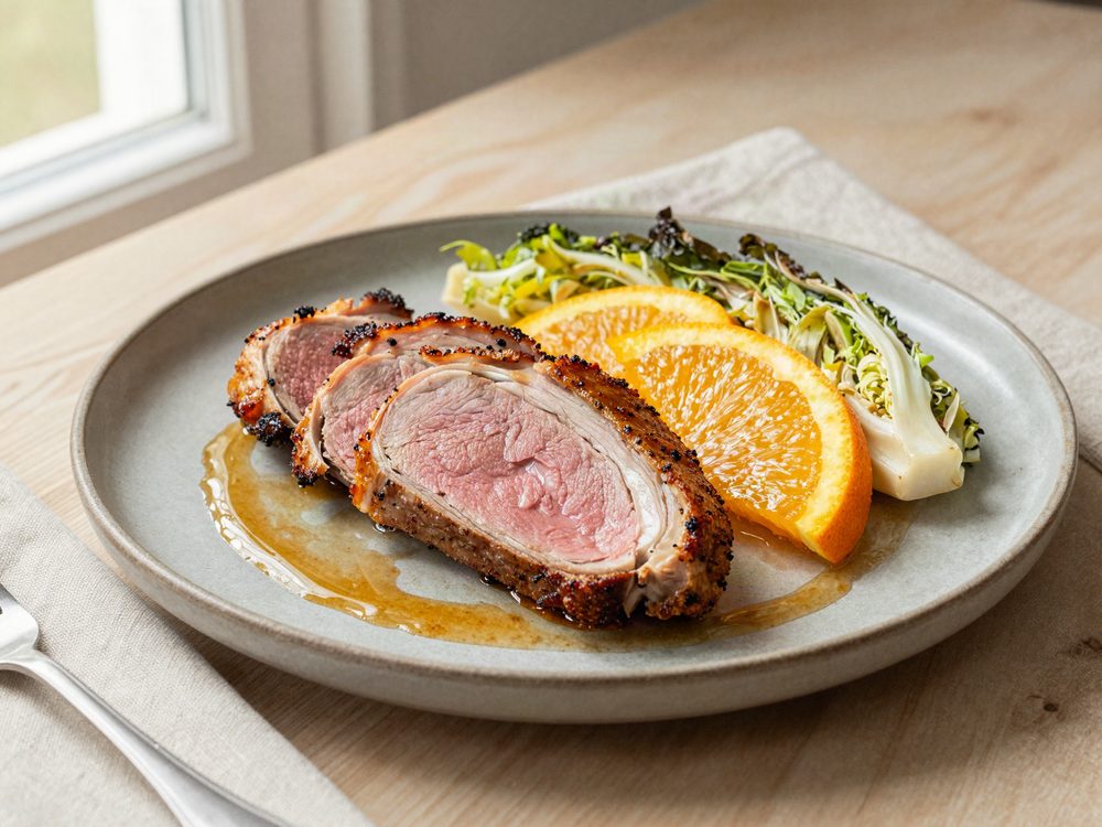 Stegt andebryst med appelsin og braiseret julesalat