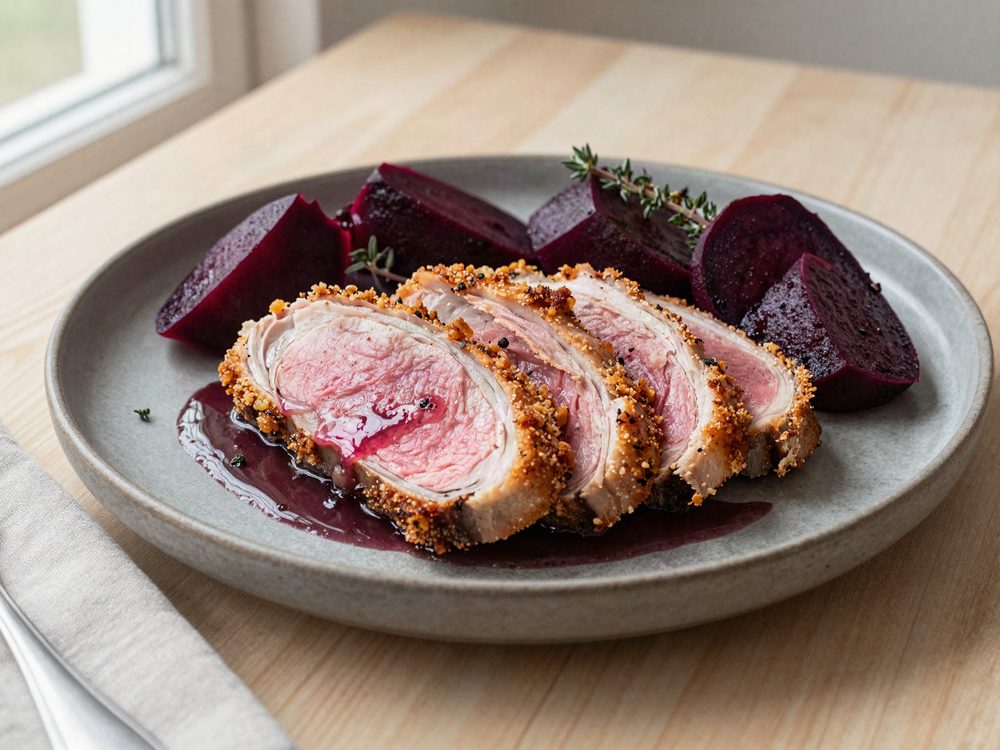 Stegt andebryst med portvinssauce og braiserede rodbeder