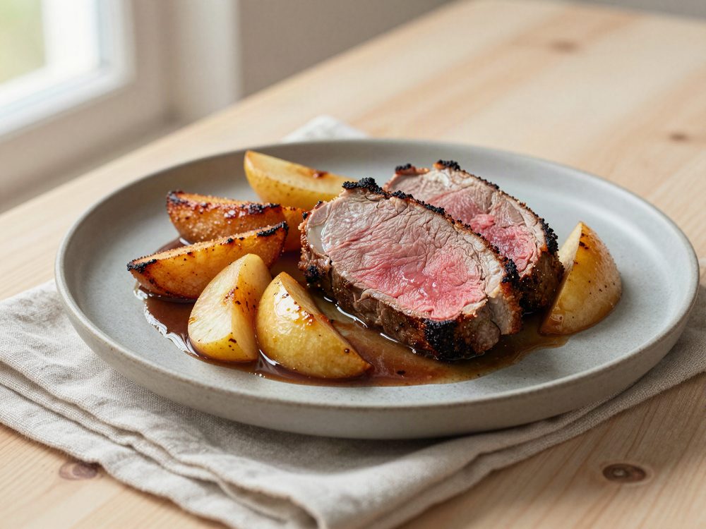 Stegt hjortefilet med æbler og brunede rodfrugter