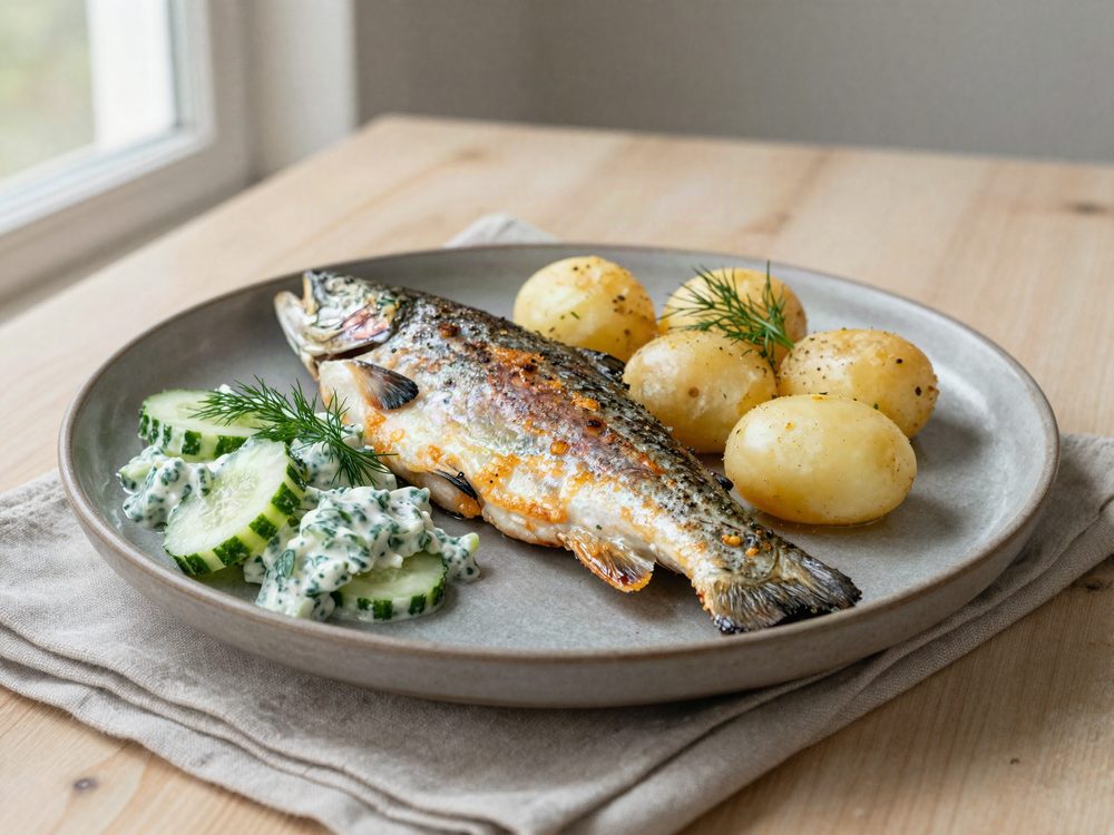 Stegt regnbueørred med agurkesalat og nye kartofler