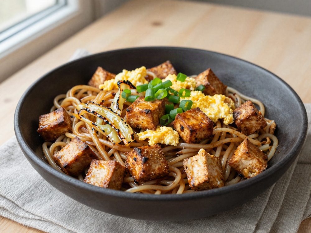 Stegte nudler med tofu, æg og spidskål