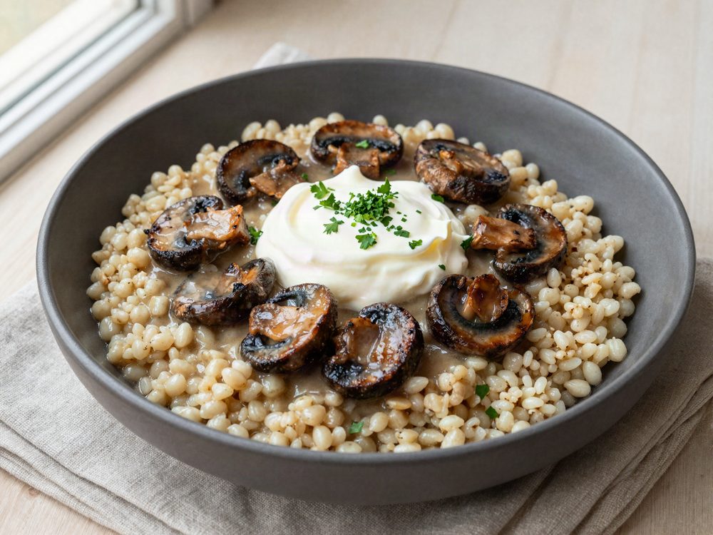Svampestroganoff med perlebyg