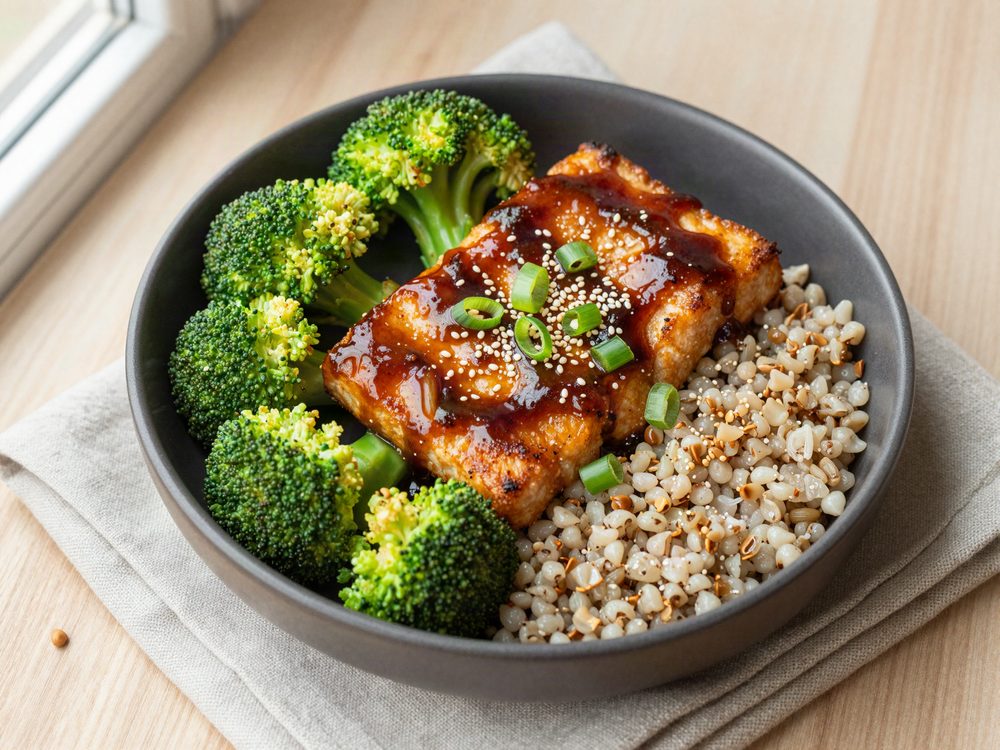 Tempeh i teriyaki med broccoli og boghvede