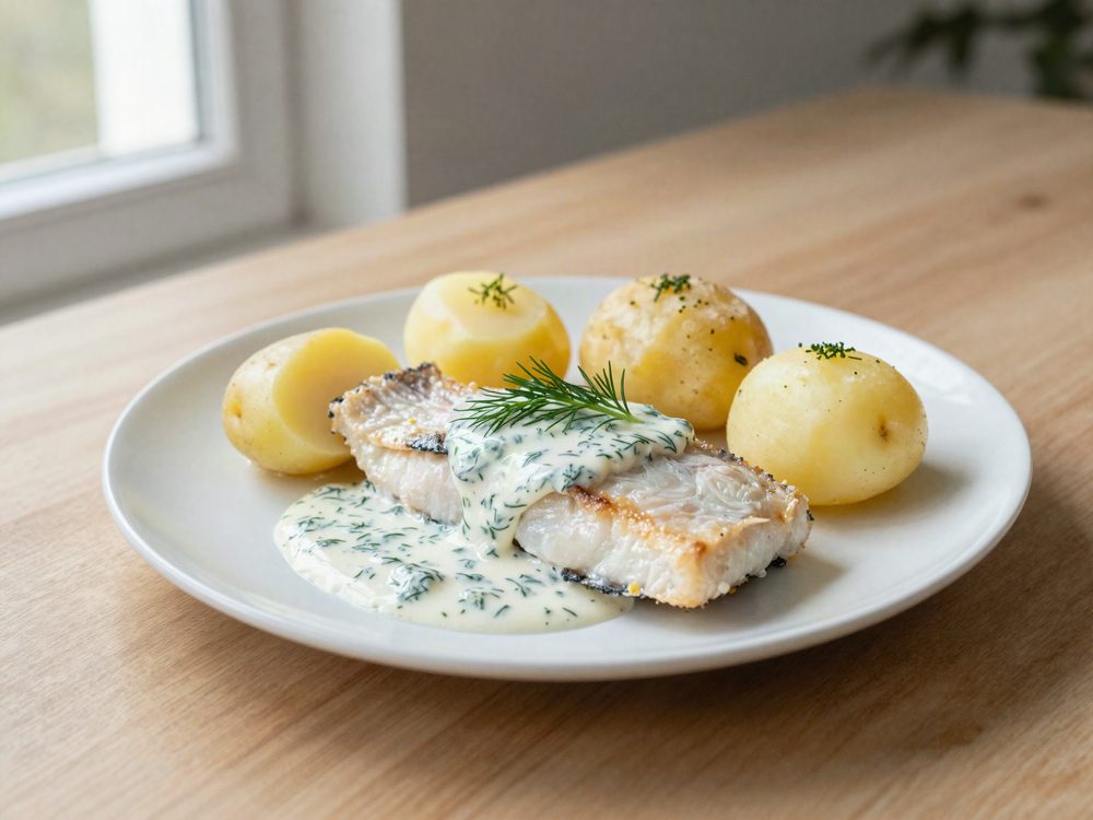 Dampet torsk med kartofler og let dildsauce
