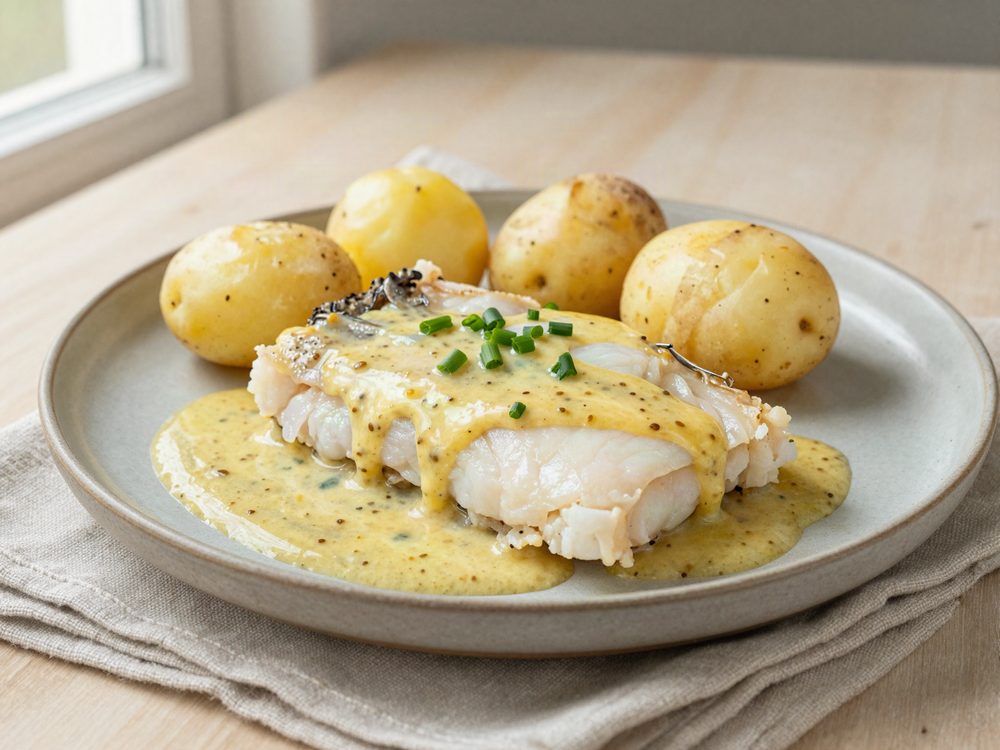 Torsk med sennepssovs og kartofler