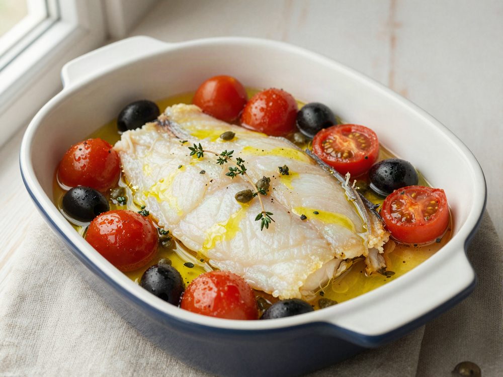 Torskeloins i ovn med cherrytomater og kapers