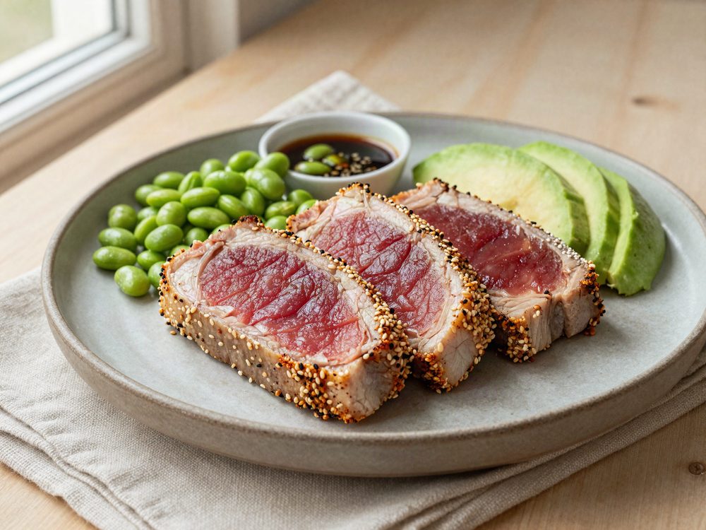 Tunbøf med sesam og edamamesalat