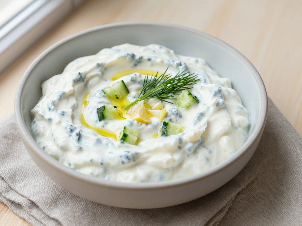 Tzatziki med afdryppet agurk
